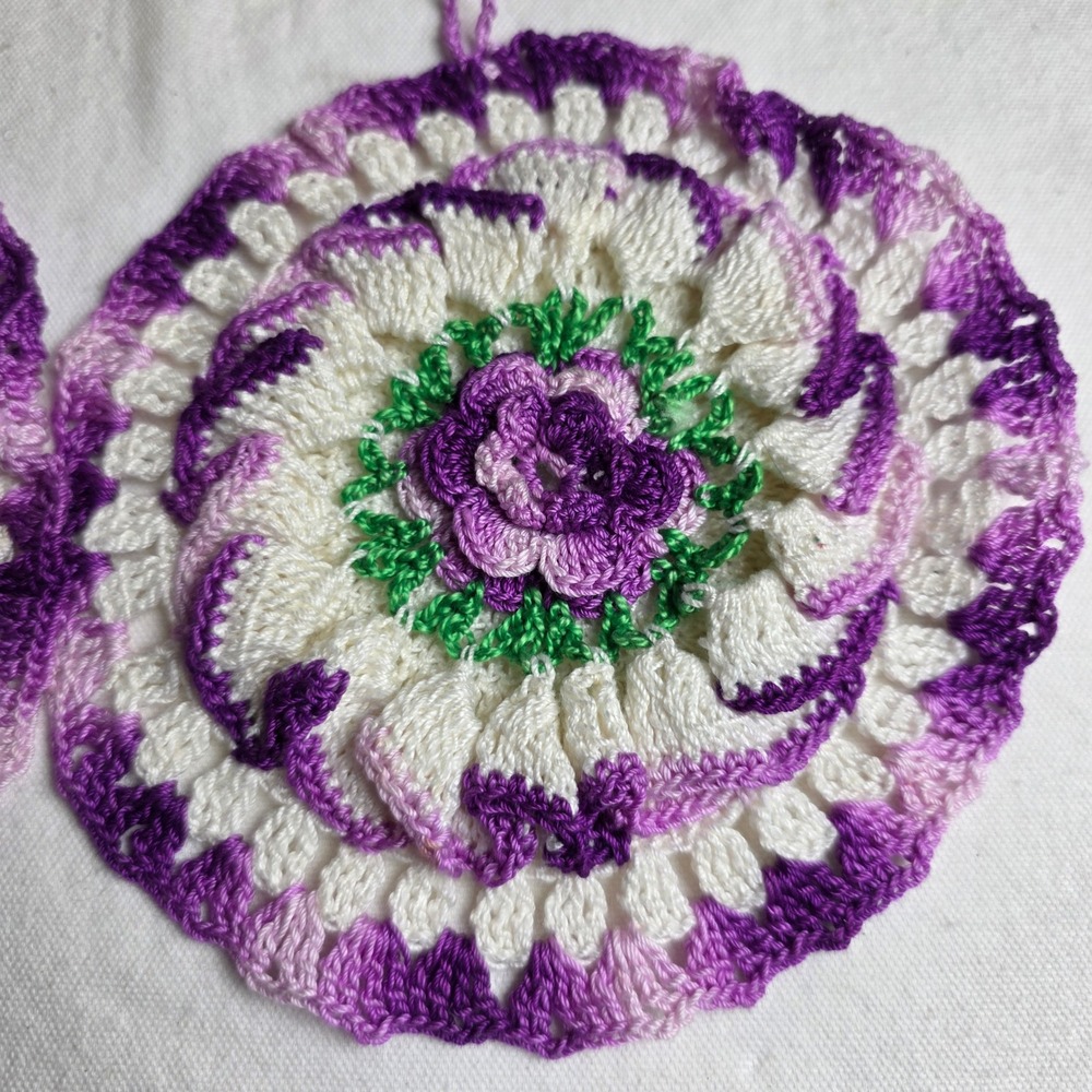Handmade Crochet Potholders Set of 2 Purple White Floral Rose Pinwheel Hot Pads - Picture 4 of 6